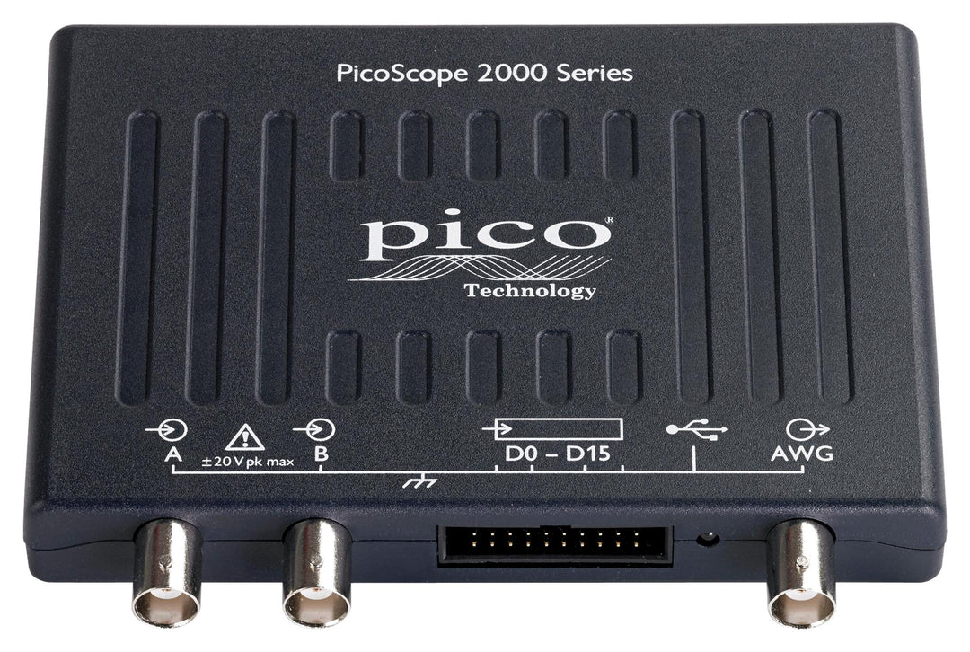 Osciloscópio USB PicoScope 2206B MSO com tela exibindo sinais de ondas analógicas e digitais, 50 MHz, 2 canais analógicos.