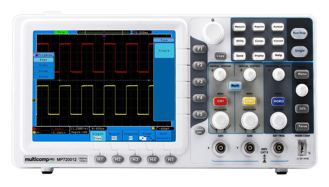 Osciloscópio digital de bancada Multicomp Pro MP720012, 2 canais, 100 MHz, mostrado em bancada com tela e controles.