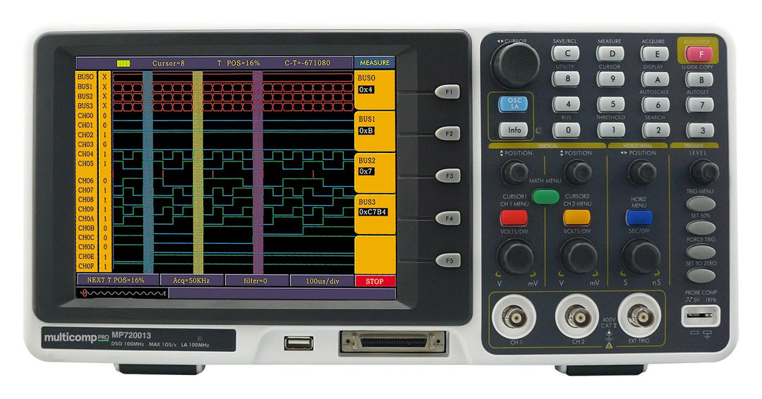 Osciloscópio de bancada Multicomp Pro MP720013 com analisador lógico de 16 canais, tela e botões de controle visíveis