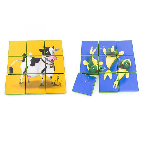 Puzzle de 9 Peças de Dupla Face - Vaca e Peixes