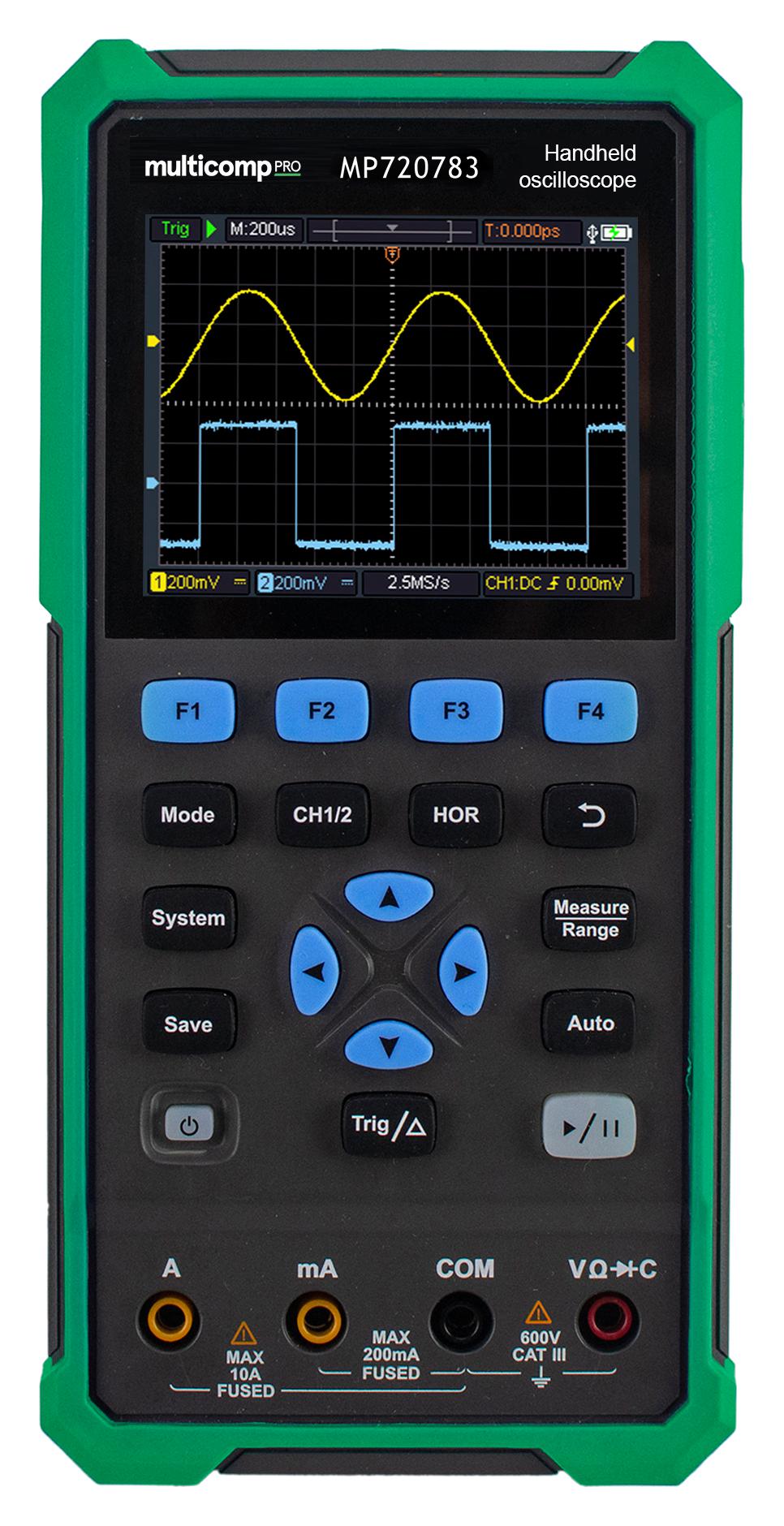 Osciloscópio portátil Multicomp Pro MP720783 com multímetro e gerador, 70 MHz, usado para testes eletrônicos.