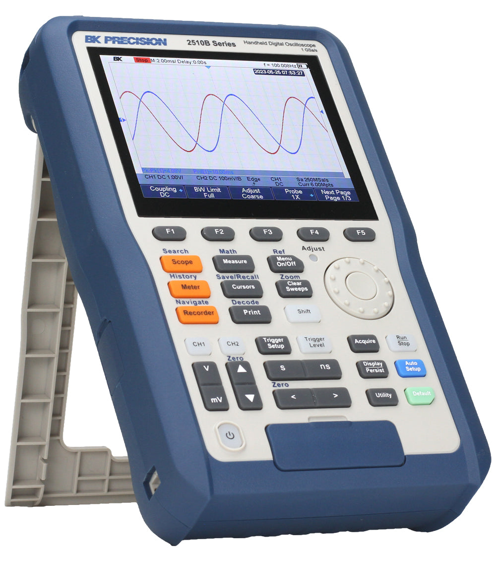 Osciloscópio portátil isolado B&K Precision 2515B com tela, controles, conexão de canais e multímetro integrado.
