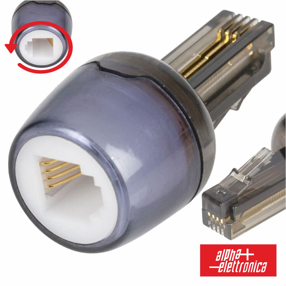 Adaptador de telefone 4P4C rotativo da marca ALPHA, mostrando o conector e design compacto.
