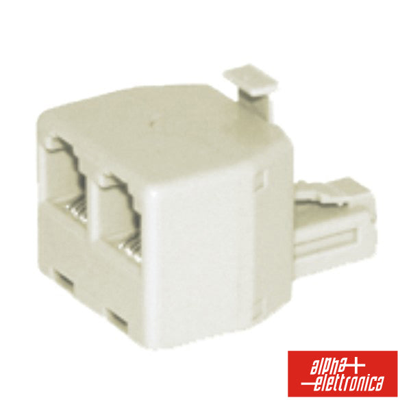 Adaptador de telefone ALPHA 6P4C com 1 conector macho e 2 fêmeas para conexão de cabos telefônicos.