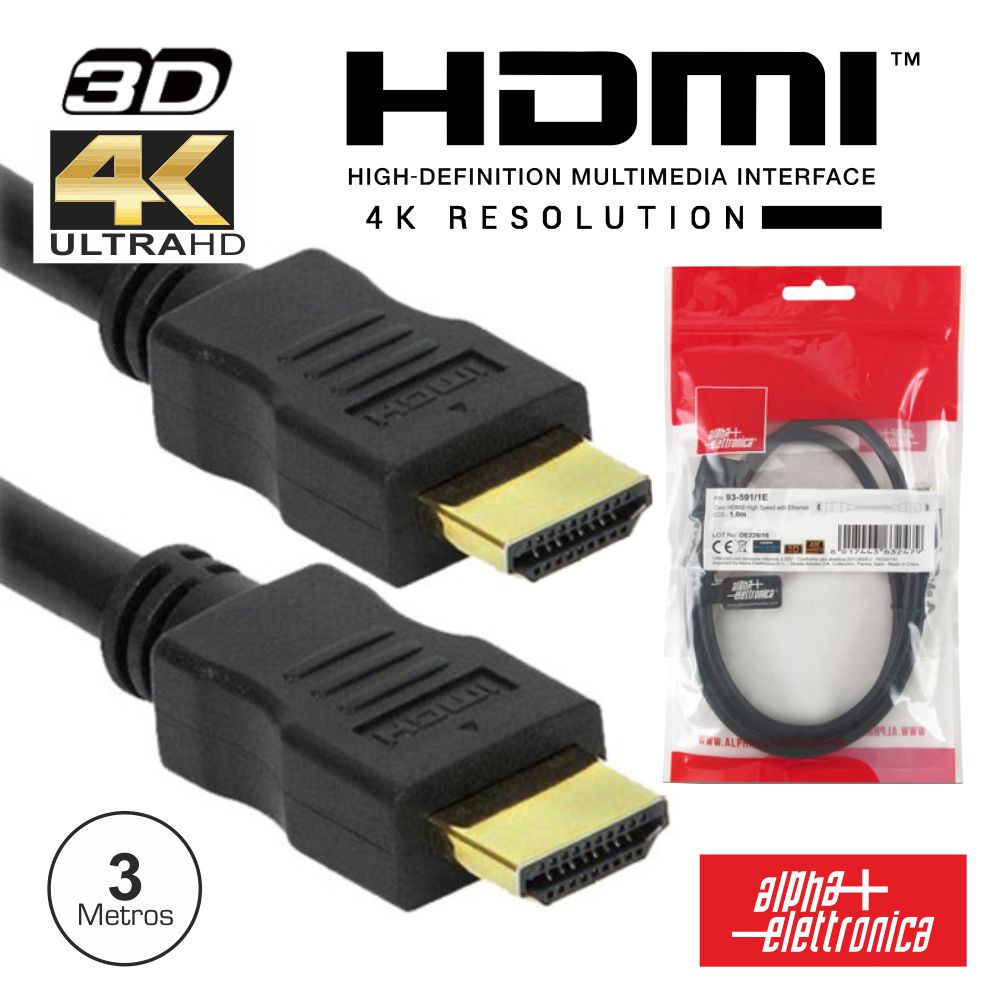 Cabo Hdmi Dourado Macho / Macho 2.0 4K Preto 3M - NOVEDUC Equipamento Laboratório e Formação Profissional