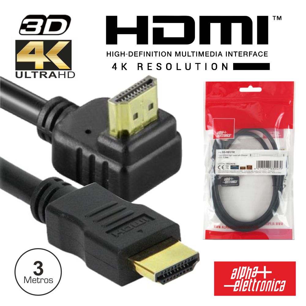 Cabo Hdmi Dourado Macho / Macho 2.0 4K Preto 3M 90º - NOVEDUC Equipamento Laboratório e Formação Profissional