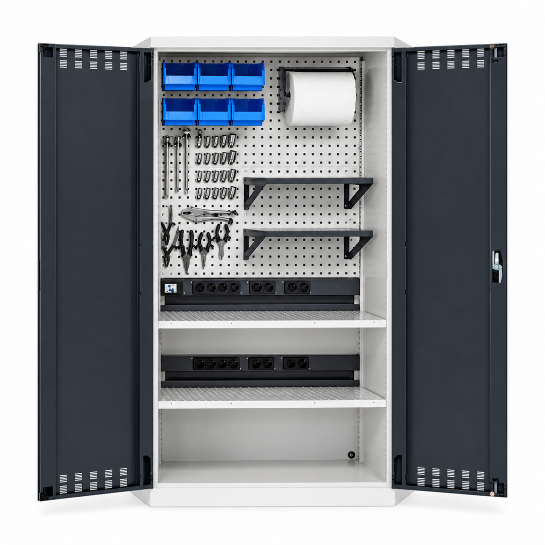 Armário de oficina com organização e tomadas — vista do equipamento (configuração ilustrativa)
