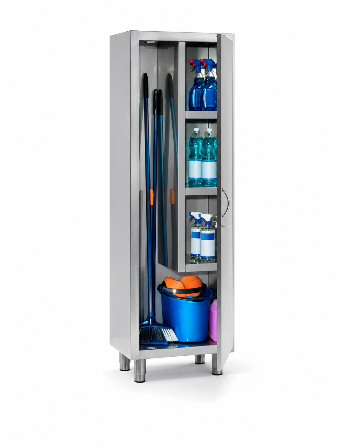 Armário em inox para utensílios de limpeza, móvel de cozinha resistente da marca Noveduc, com portas e espaço interno compacto.