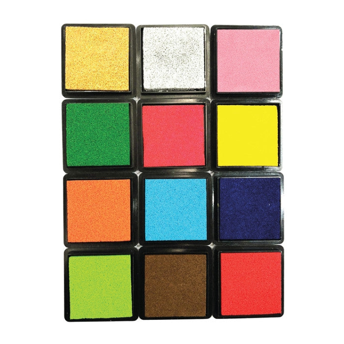 12 almofadas de tinta da marca Asco Celda, exibindo diferentes cores e texturas em uma disposição organizada.
