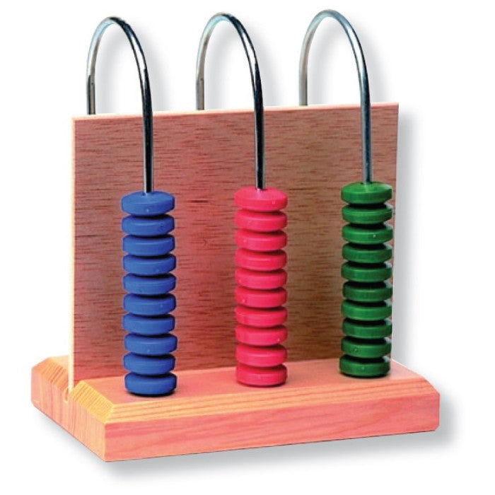 Ábaco em arco com 3 colunas da marca Asco Celda, com contas coloridas para contagem e aprendizado.