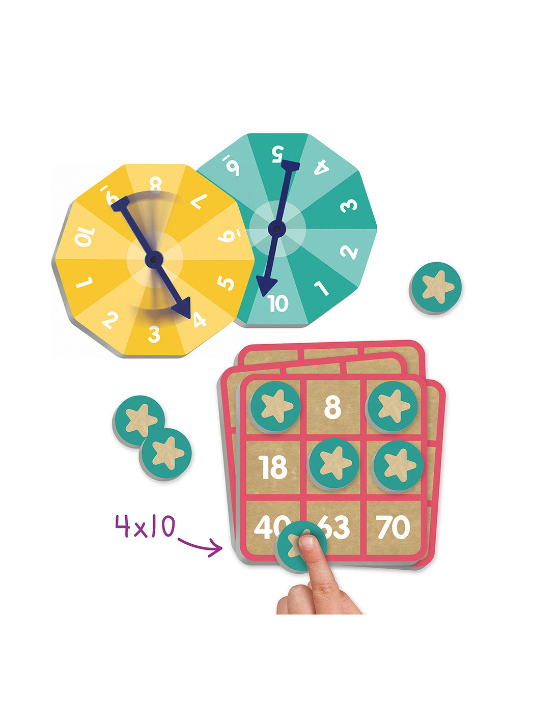 Bingo de multiplicação da marca AscoCelda com cartões e peças para aprendizado de matemática.