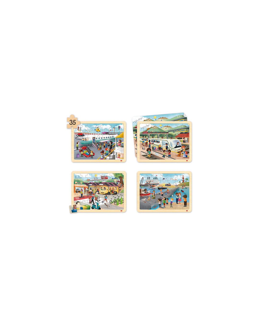 Conjunto de 4 quebra-cabeças de meios de transporte e comunicação da marca AscoCelda, com imagens coloridas e detalhes variados.