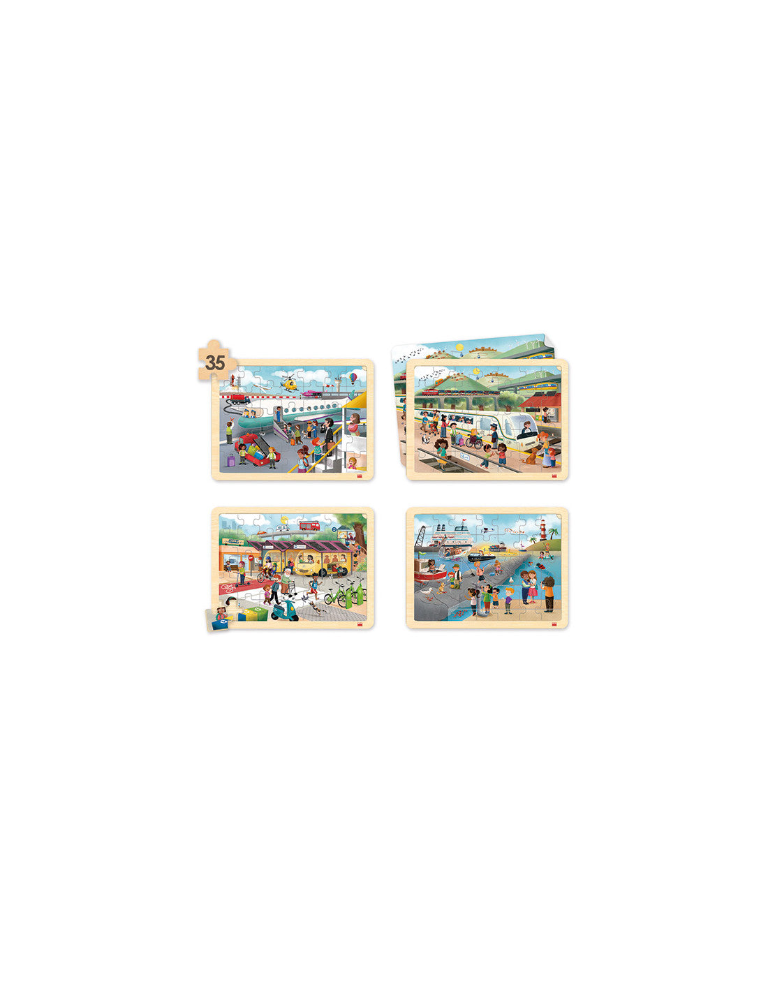 Conjunto de 4 quebra-cabeças de meios de transporte e comunicação da marca AscoCelda, com imagens coloridas e detalhes variados.