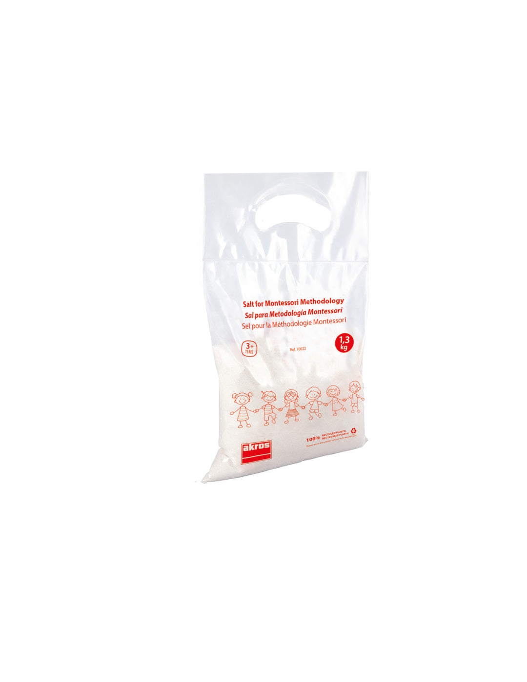 Sal de metodologia Montessori AscoCelda, embalagem de 1,3kg, com detalhes do rótulo e apresentação do produto.