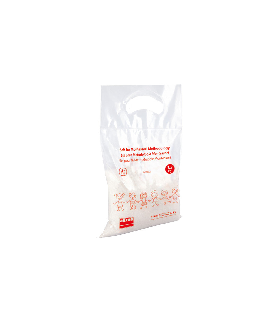 Sal de metodologia Montessori AscoCelda, embalagem de 1,3kg, com detalhes do rótulo e apresentação do produto.