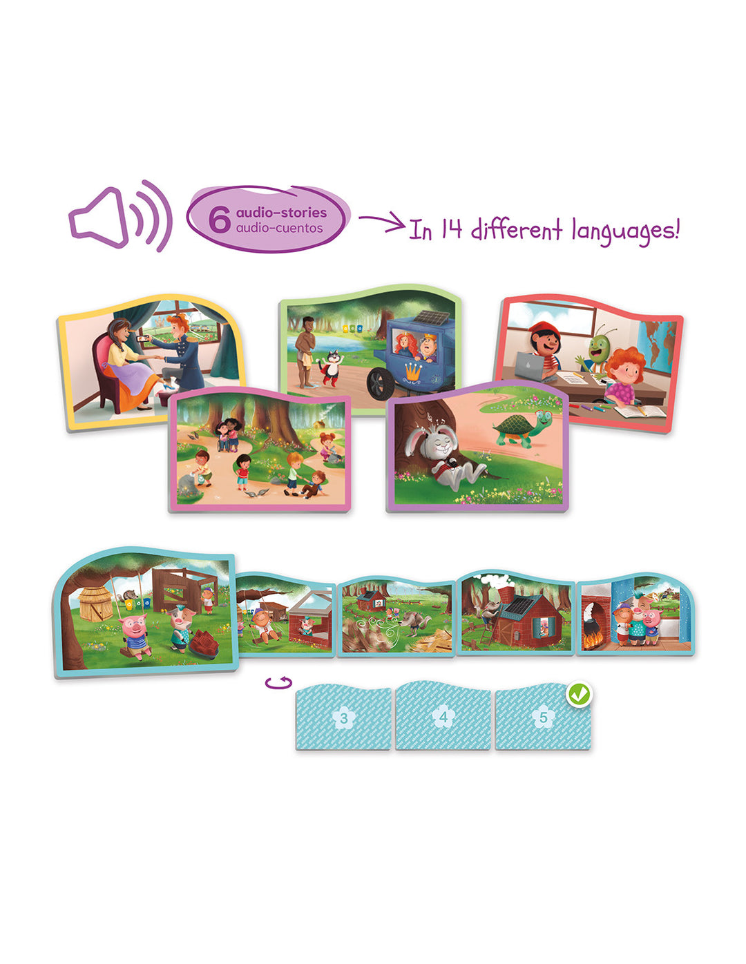 Produto educativo AscoCelda para ouvir e ordenar histórias, com imagens coloridas e atividades interativas para crianças.
