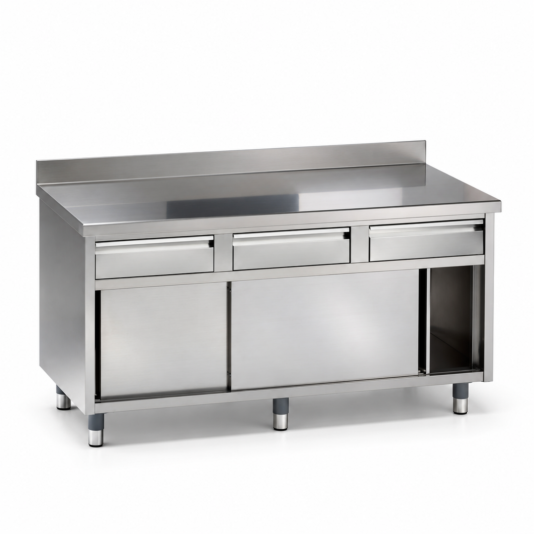 Bancada inox com portas de correr, 1500 mm — vista do equipamento (configuração ilustrativa)