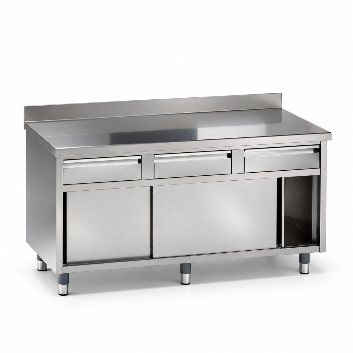 Bancada inox com portas de correr, 1500 mm — vista do equipamento (configuração ilustrativa)