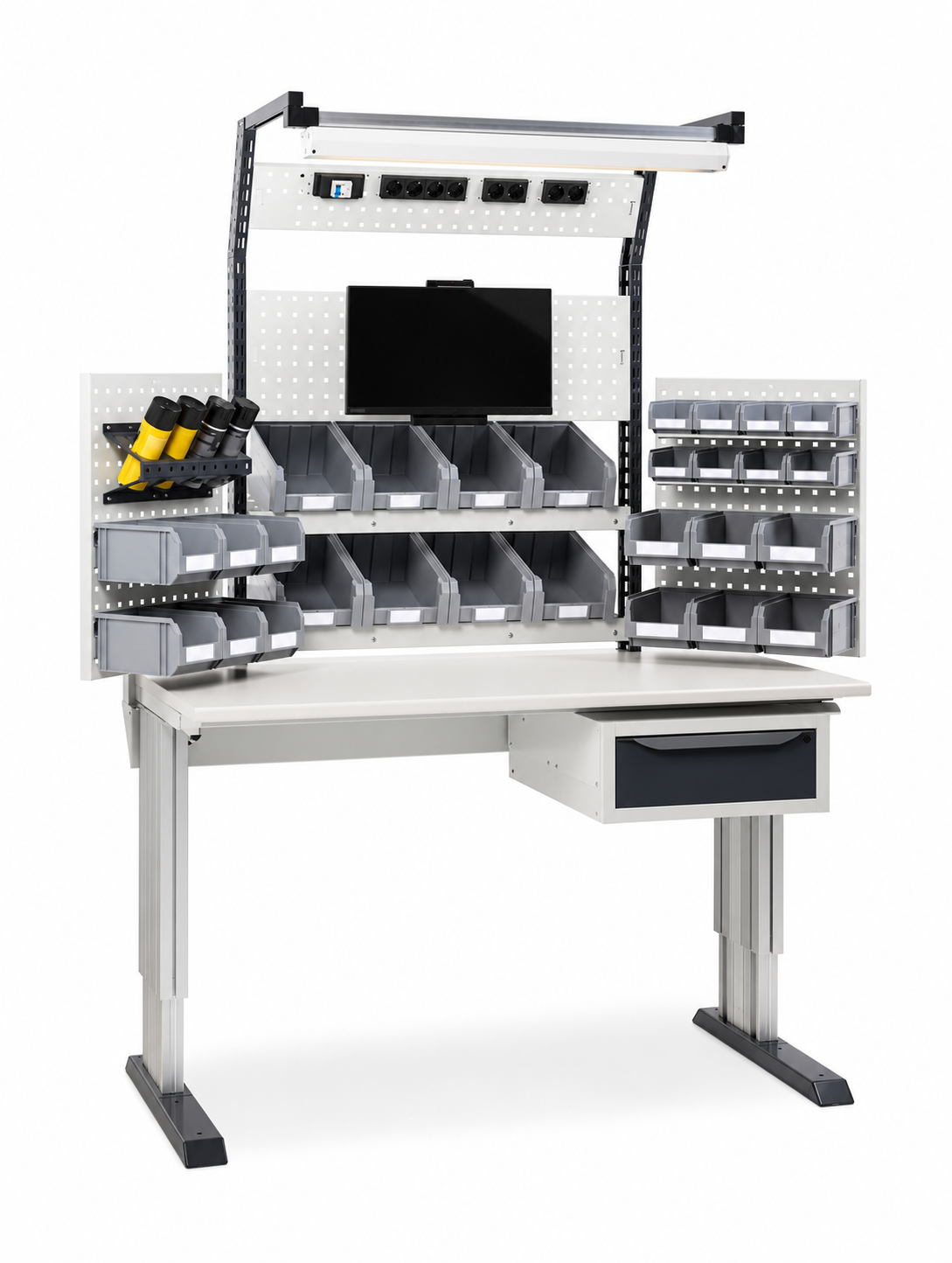 Bancada técnica com regulação elétrica de altura, ideal para postos de trabalho, fabricada pela Noveduc.