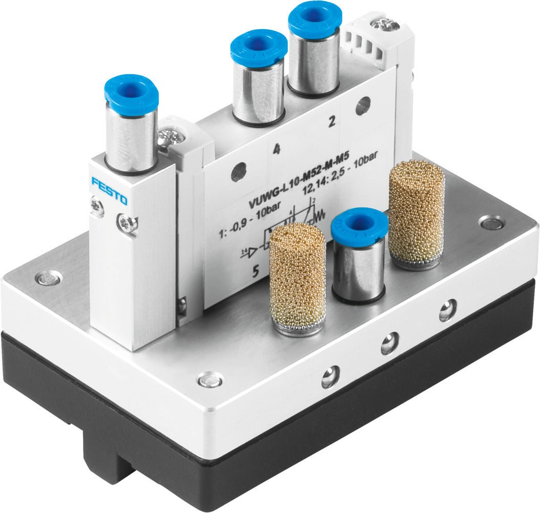 Válvula de 5/2 vias, acionada pneumaticamente de um lado - NOVEDUC Equipamento Laboratório e Formação Profissional576307