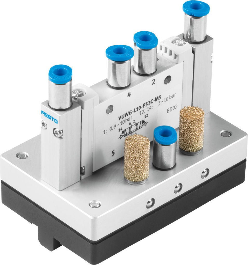 Válvula pneumática de 5/3 vias para o funcionamento em vácuo e inverso - NOVEDUC Equipamento Laboratório e Formação Profissional576304