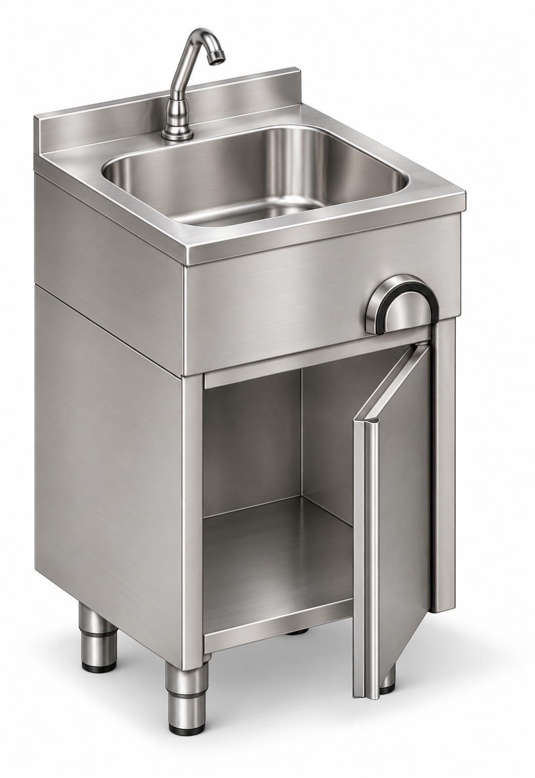 Lava-mãos em inox com armário inferior da marca Noveduc, móvel de banheiro com pia e espaço de armazenamento em aço inox.