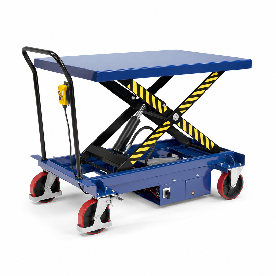 Mesa elevatória móvel elétrica, 300 kg — vista do equipamento (configuração ilustrativa)