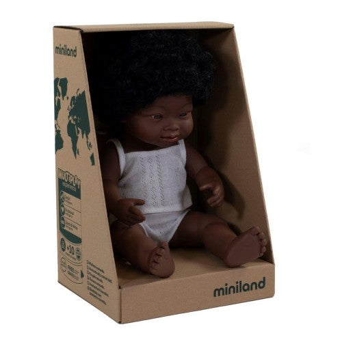 Boneca Bebé Africana com Síndrome de Down 38cm (Enviado em caixa e com Roupa Interior) - NOVEDUC Equipamento Laboratório e Formação Profissional