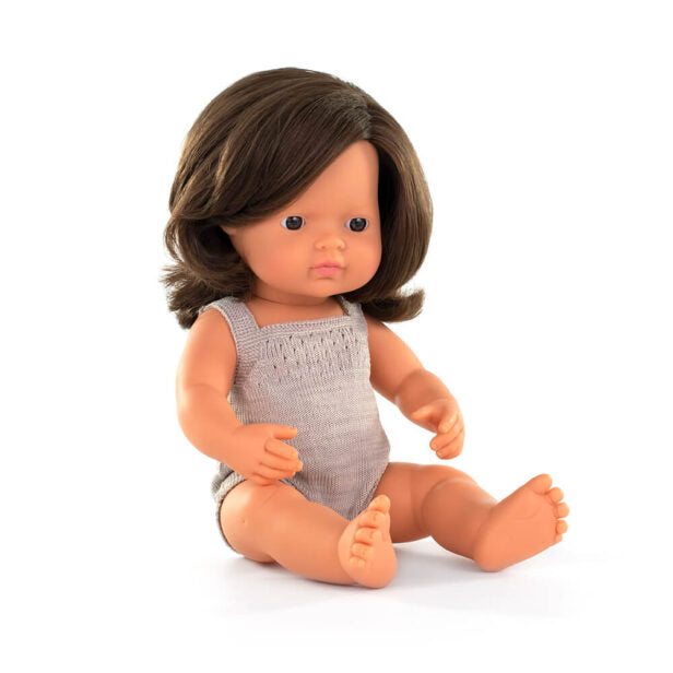 Boneca Bebé Europeia Cabelo Castanho 38cm (Enviado em caixa e com Roupa) - NOVEDUC Equipamento Laboratório e Formação Profissional