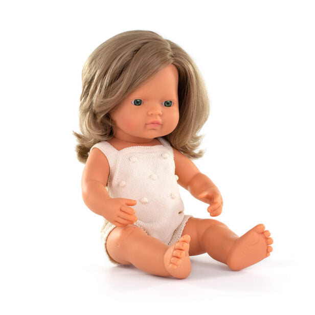 Boneca Bebé Europeia Cabelo Loiro Escuro 38cm (Enviado em caixa e com Roupa) - NOVEDUC Equipamento Laboratório e Formação Profissional