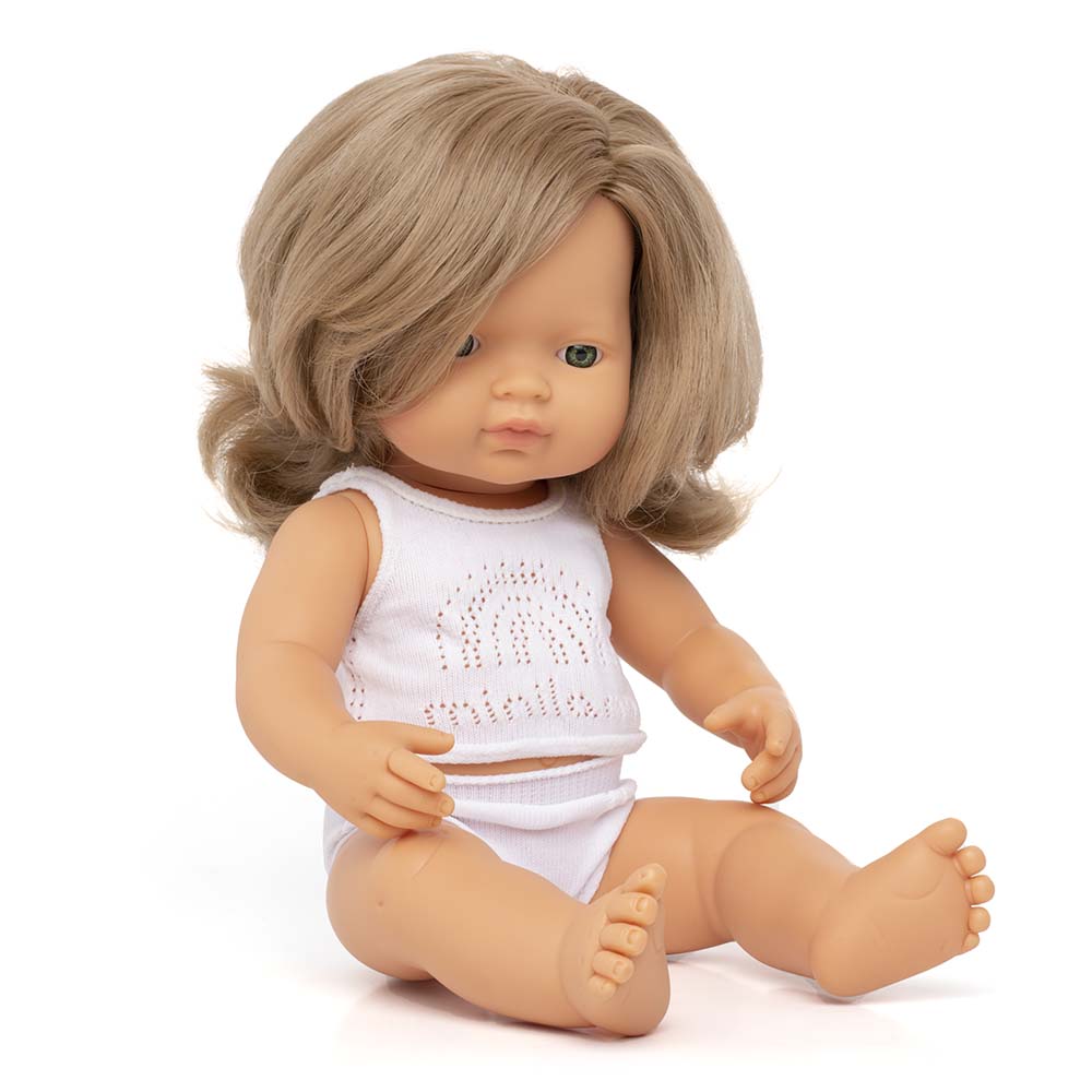 Boneca Bebé Europeia Cabelo Loiro Escuro 38cm (Enviado em caixa e com Roupa Interior) - NOVEDUC Equipamento Laboratório e Formação Profissional