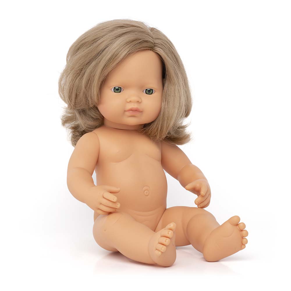 Boneca Bebé Europeia Cabelo Loiro Escuro 38cm (Enviado em Saco e sem Roupa Interior) - NOVEDUC Equipamento Laboratório e Formação Profissional