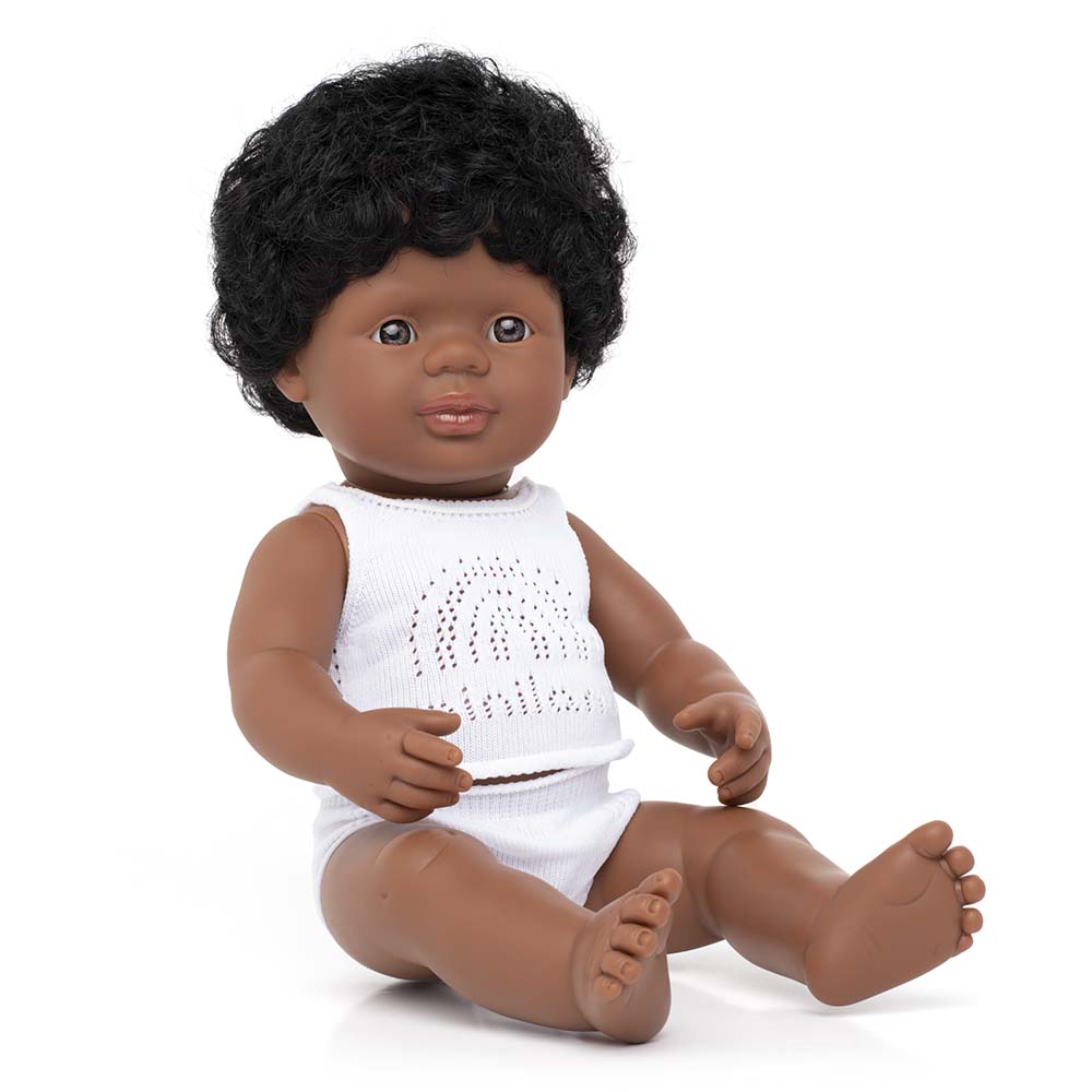 Boneco Bebé Afro-Americano 38cm (Enviado em caixa e com Roupa Interior) - NOVEDUC Equipamento Laboratório e Formação Profissional