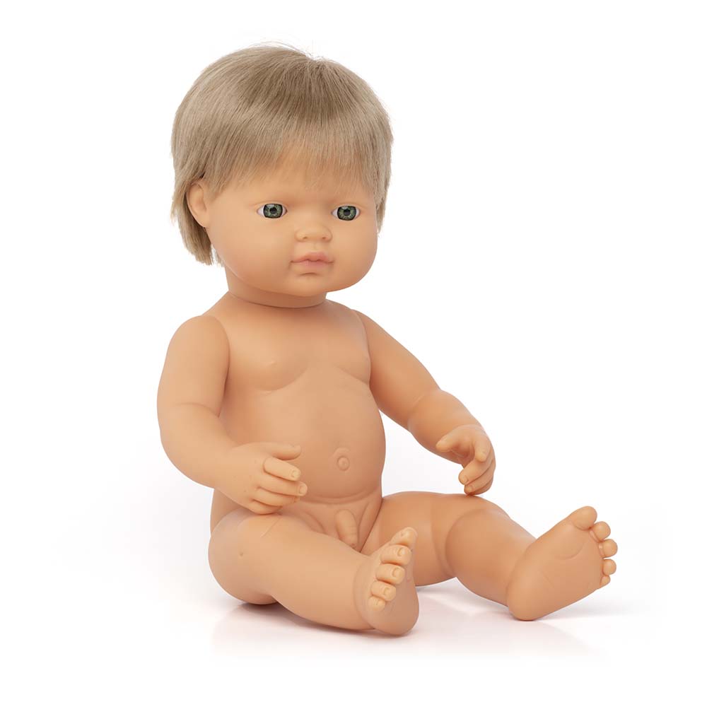 Boneco Bebé Europeu Cabelo Loiro Escuro 38cm (Enviado em Saco e sem Roupa Interior) - NOVEDUC Equipamento Laboratório e Formação Profissional