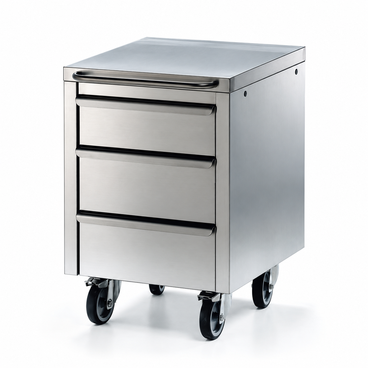 Módulo móvel inox com três gavetas — vista do equipamento