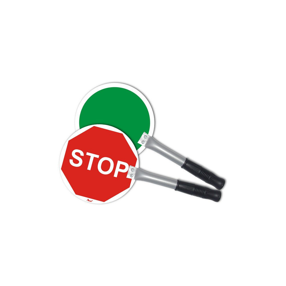 Raquete de sinalização STOP Noveduc com cores vibrantes, usada para controle de trânsito e segurança viária.