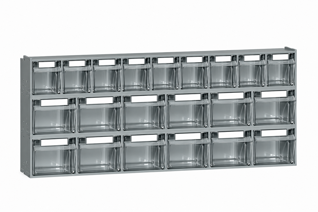 Organizador mural Noveduc com 21 gavetas basculantes para fichas e componentes, ideal para armazenamento de ferramentas.