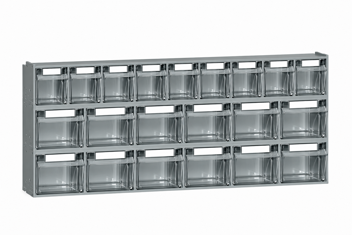 Organizador mural Noveduc com 21 gavetas basculantes para fichas e componentes, ideal para armazenamento de ferramentas.