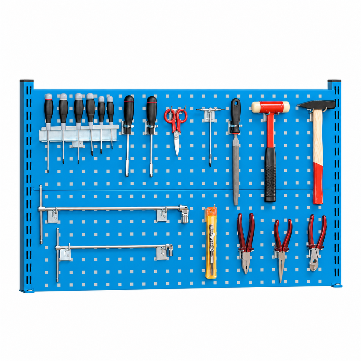 Painel perfurado para ferramentas Noveduc com 16 suportes, ideal para organização de bancadas e postos de trabalho.