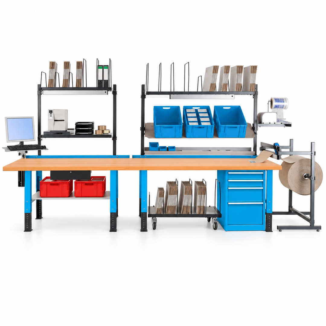 Posto modular para preparação de encomendas e embalagem — vista do equipamento (configuração ilustrativa)