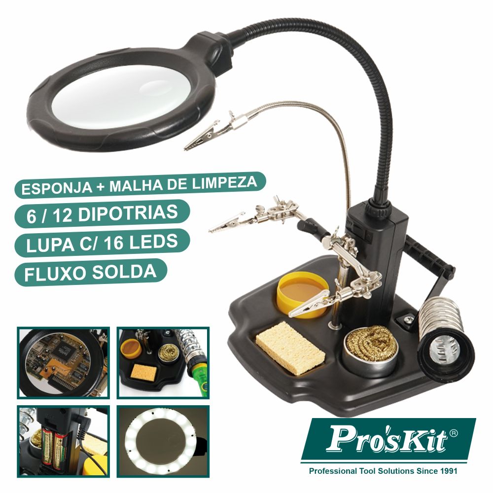 Armação C/ Garras Crocodilo Lupa Braço Magnético Proskit - NOVEDUC Equipamento Laboratório e Formação Profissional