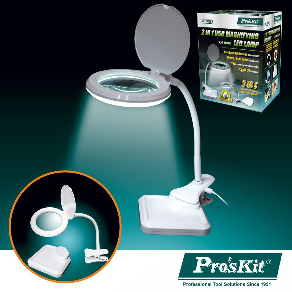 Candeeiro C/ Lupa Secretária 3 Dioptrias 36 Leds Proskit - NOVEDUC Equipamento Laboratório e Formação Profissional
