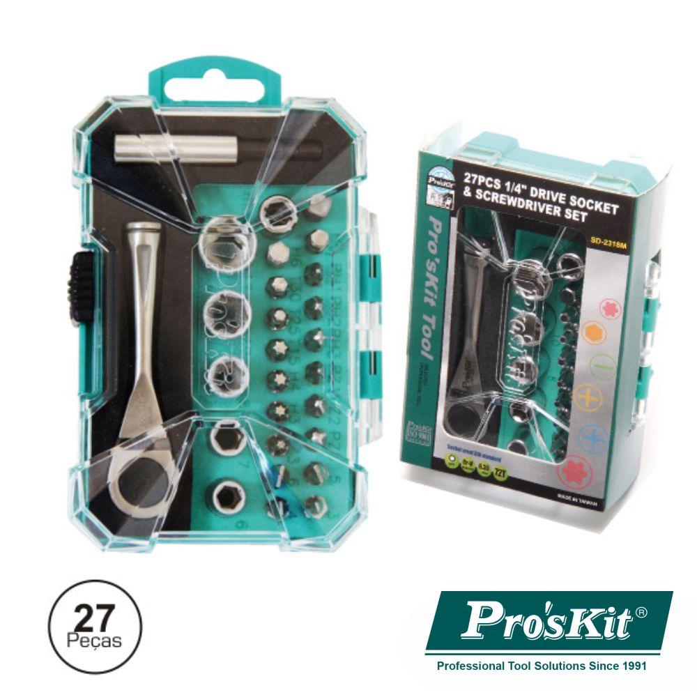 Conjunto De Chave Roquete C/ 25 Bits E Extensor Proskit - NOVEDUC Equipamento Laboratório e Formação Profissional