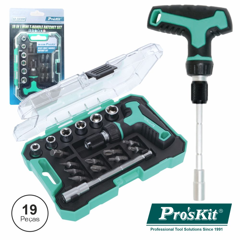 Conjunto De Chave Roquete C/ Bits E Extensor 19X Proskit - NOVEDUC Equipamento Laboratório e Formação Profissional