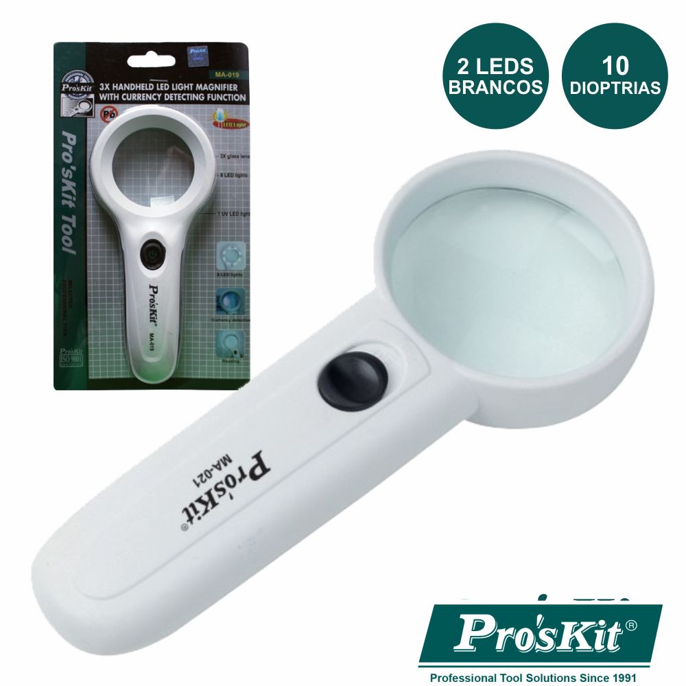 Lupa C/ Iluminação 2 Led 10X Proskit - NOVEDUC Equipamento Laboratório e Formação Profissional