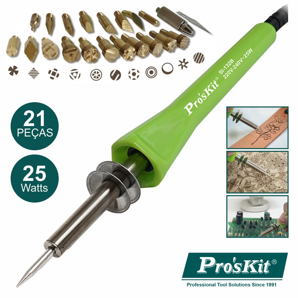 Pirografo Gravador Ferro Soldar 21 Peças Proskit - NOVEDUC Equipamento Laboratório e Formação Profissional