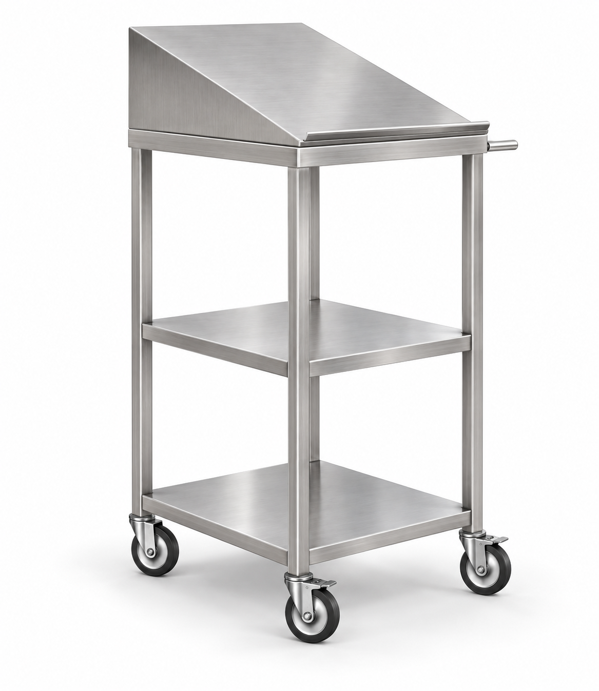 Pupitre móvel em inox da Noveduc para registros e controle, com superfície lisa e estrutura resistente.