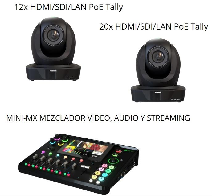 KIT CÂMERAS 12X E 20X HDMI/SDI/TALLY E MINI MX (MISTURADOR DE VÍDEO, ÁUDIO E STREAMING)