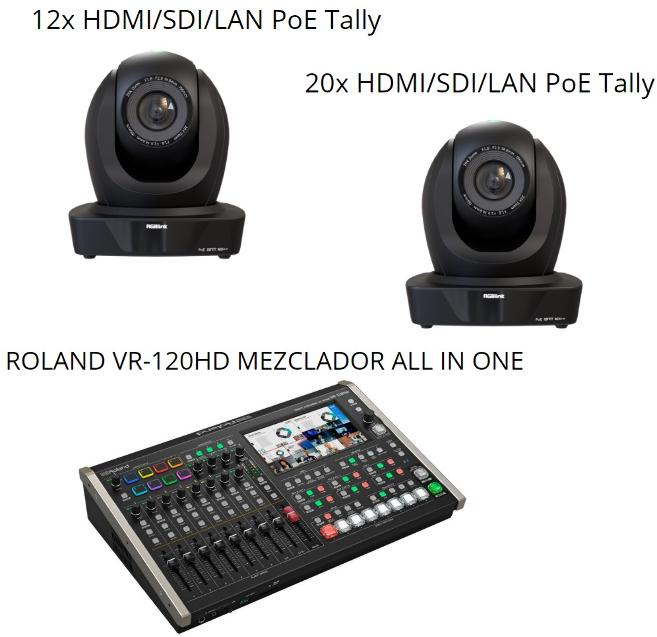 KIT CÂMERAS (12X Y 20X HDMI/SDI/LAN POE, TALLY) + PAINEL DE CONTROLO (ROLAND VR-120HD)