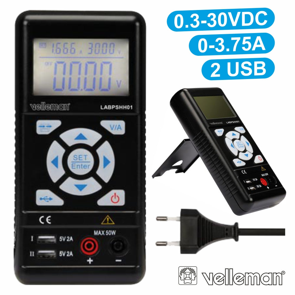 Fonte De Alimentação Digital 030V / 03.75A 2 Usb Velleman - NOVEDUC Equipamento Laboratório e Formação Profissional